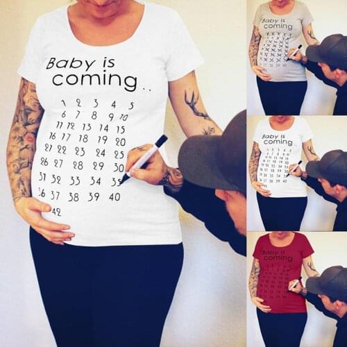 Pregnant Tees Pregnant Women Baby Is Coming Tops Letter Printed Short Sleeve Maternity T-Shirt With Writing Pen