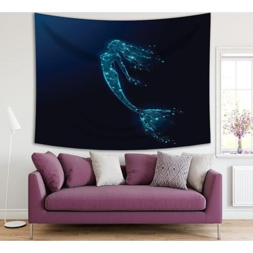 Tapestry Low Poly Swimming Mermaid Pattern Fairy Myth Creature Underwater World Artwork Blue Green