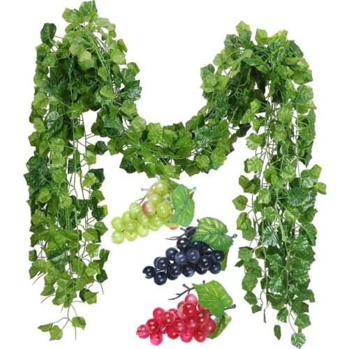 12 Strands Artificial Fake Grape Vines Ivy Leaves with 3 Strings Grapes for Wedding Party Home Wall Decoration