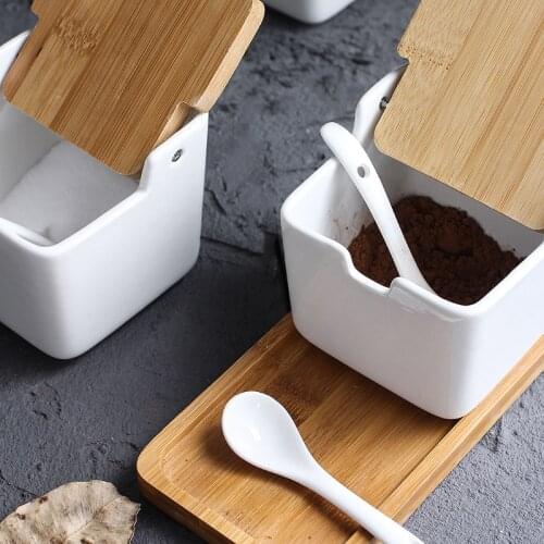 Ceramic seasoning jar household creative bamboo and wood lid seasoning jar three-piece suit kitchen supplies seasoning box