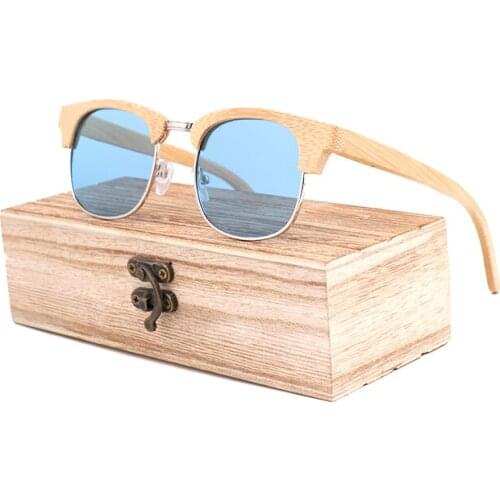Classic Half-Frame ,Blue Lenses, Handmade Polarized Bamboo Sunglasses UV 400 Fashion Men Women Design Luxury Style