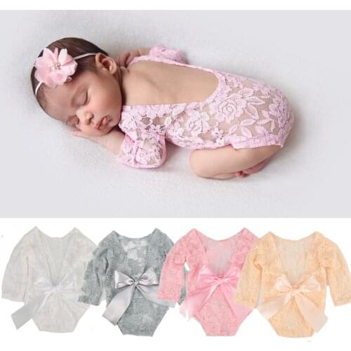 Lovely Newborn Girl Lace Romper Photography Props Outfits Jumpsuits + Flower Headband Infant Shower Photo Shoot Summer Clothes