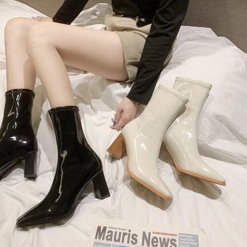 Martn Short Boots Womens 2020 New Autumn and Winter Thick-heeled Patent Leather Square Toe Plus Velvet High Heels Beige
