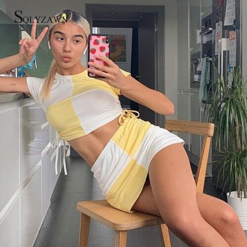 Sweet Contrast Color Plaid Crop Tops and Bodycon Mini Skirt Matching Sets Yellow Pink 2 Piece Sets Streetwear Fashion Sweatsuits
