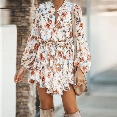 2021 New White Ruffled Mini Vintage Print Irregular Dress Clothing Lantern Sleeve Elegant Chiffon Dress Lace up Slim Streetwear