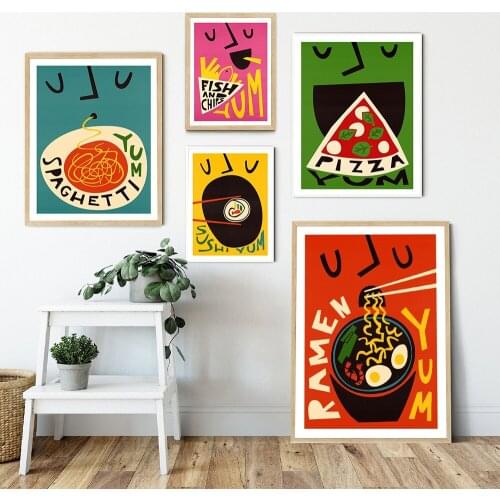 Cartoon Funny Food Posters Yum Coffee Pizza Ramen Sushi Burger Print Canvas Painting Club Bar Shop Kitchen Wall Pictures Decor