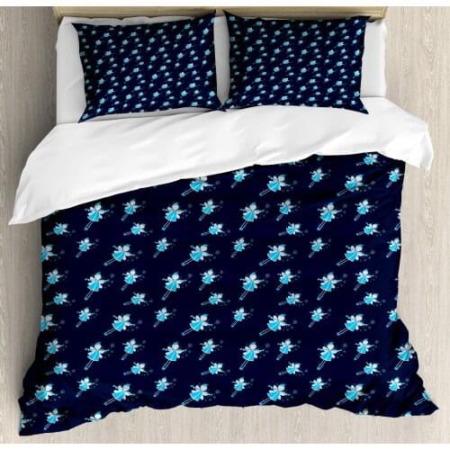 Elf Duvet Cover Set Flying Fairytale Elves with Wands 3 Piece Bedding Set Deep Sky Blue Dark Violet Blue Pale Ceil Blue and Pale