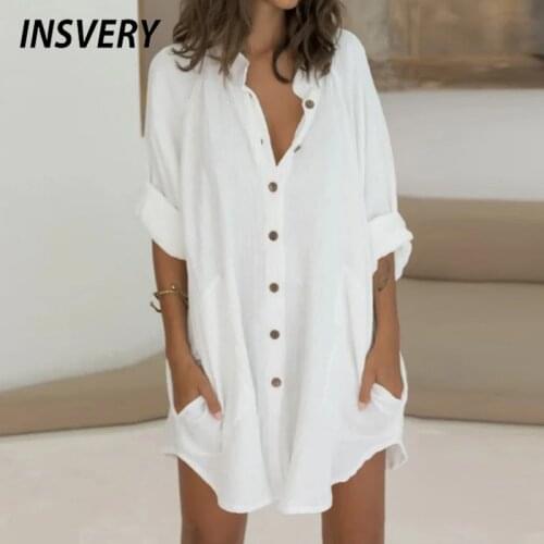 New Long Shirt Women Fashion Turn Down Collar White Button Shirts For Women Casual Pocket Tops Summer Shirt Plus Size Beach Wear