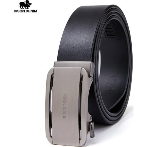 BISON DENIM Cowskin Leather Strap Mens Belt Automatic Buckle Adjustable High Quality Luxury Brand Genuine Leather Belts for Men