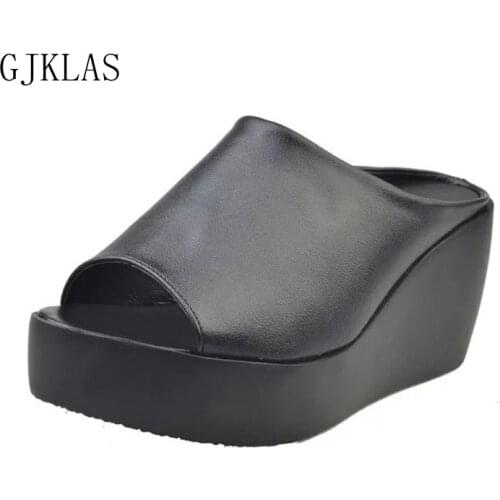 Platform Wedges Sandals for Women High Heels Slides Platforms Slippers Women Summer New Leather White Heels Woman Shoes Slippers