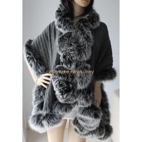 Specials 100%goat cashmere knit fox fur sides womans luxury fashion scarf pashmina poncho 75x180cm