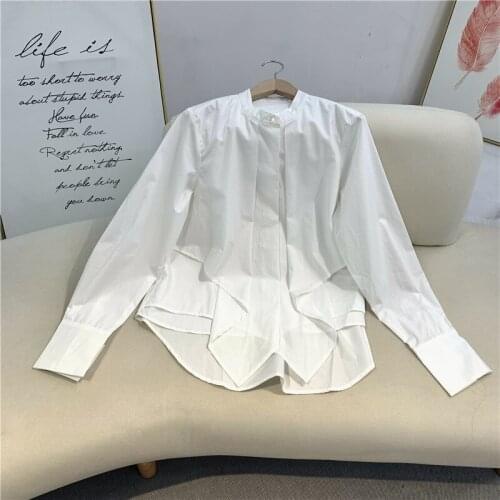 2021 women fashion Stand-up collar irregular long-sleeved shirt hq20210806
