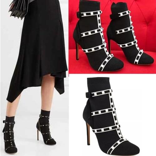 OLOMLB Women Pointy Toe Rivet Studed Ankle Boots Knitting Belt Buckle Stilettos High Heel Shoes Leather Black White Red New 2020