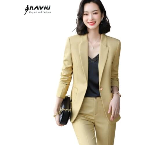 Yellow Fashion Women Suits 2021 New Autumn Temperament High End Business Formal Slim Blazer And Pants Office Ladies Work Wear