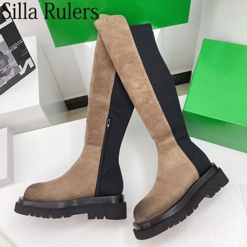 New Thick Sole Over The Knee Boots Women Suede Leather Round Toe Knight Boots Woman Motorcycle Boots Long Boots Stretch Boots