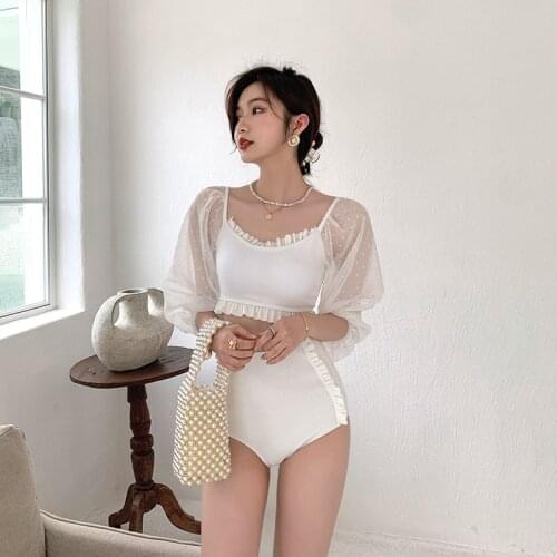 Suit For Women 2021 Bath Clothing Swimsuit With Pushup Bathing White Long Sleeve Hot Slim Split Bikini Girl Print Polyester