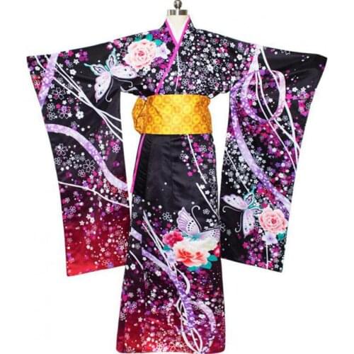 Vintage Print Flower Ladies Geisha Cosplay Costumes Japanese Party Dress Traditional Women Kimono Yukata Robe Gown With Obi 3XL