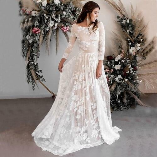 New Vintage Bohemian Wedding Dress Backless Beach Garden Bridal Gown Long Sleeve Lace vestido de novia