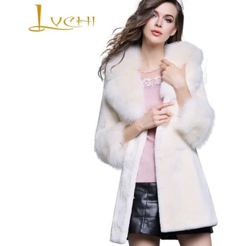 LVCHI Winter 2019 Real Natural Rex Rabbit Fur Coat Womens Wine Red Pockets Nine Quarter Medium Slim With Fox Fur Collar Coats