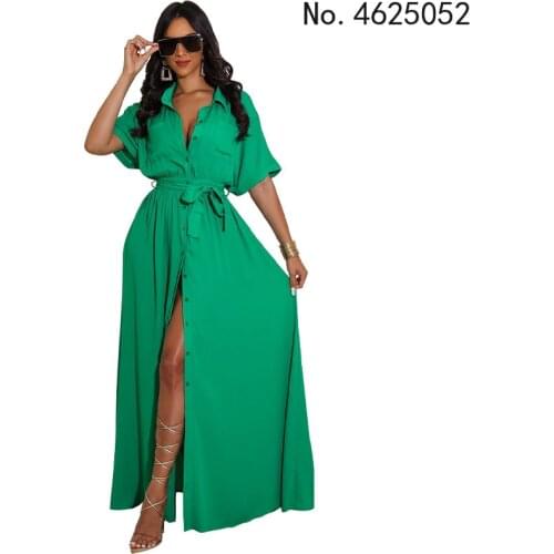 African Dresses for Women 2021 Autumn Sexy Button Maxi Dress African Clothes Green Long Shirt Dress