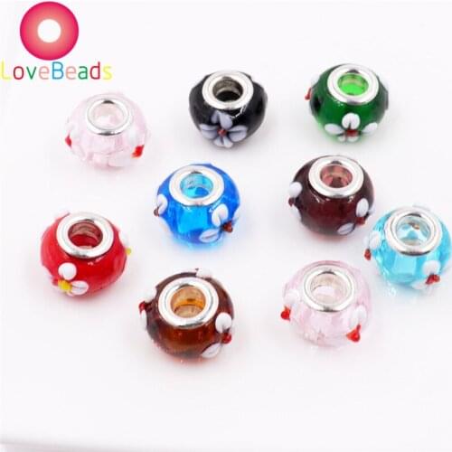 10Pcs New Color Flower Murano Lampwork Glass Big Hole Beads Silver Plated Fit Pandora Bracelet Pendant Charms for Jewelry Making