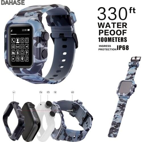 For Apple Watch Series 5 4 3 2 Case Camouflage Silicone Band for iWatch 42mm 44mm Waterproof Shockproof Case Cover Strap Set