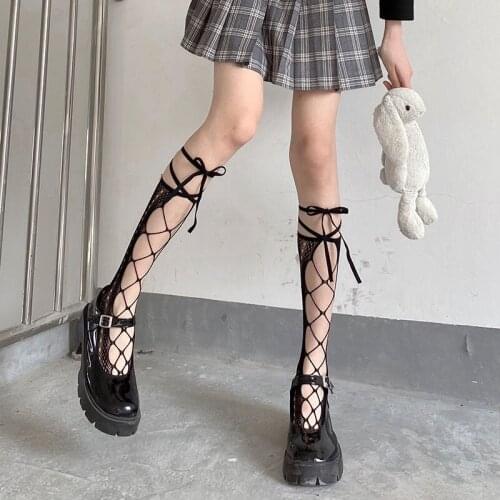 Lolita Black and White Lace Fishnet Socks Female Japanese Ultra-thin Personality Hollow Knee-length Calf Cute College Style Sexy