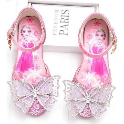 Disney Frozen Elsa Princess Kids Leather Sandals For Girls Casual Glitter Children Flat Heel Girls Shoes Knot Blue Pink Sandals