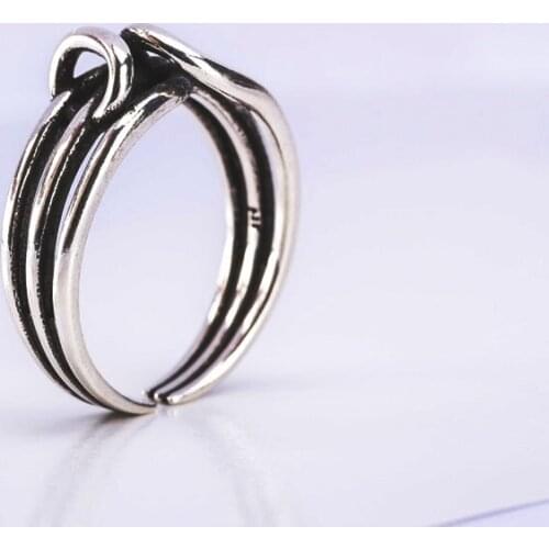 Ring For Women Females Jewelry Accessory Gift Silver-Plated Resizable Design Vintage Retro Interlock Ring Irregular Multi-Layer