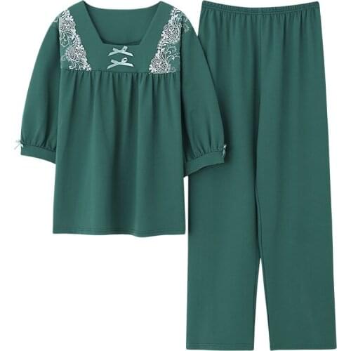 Summer Women Pajamas Sets With Pants Modal Pijama 3XL Pyjama Green Nightwear 2 Piece Set Long Sleeve Sleepwear