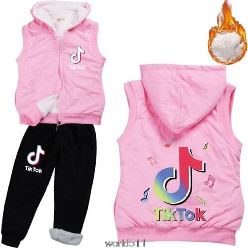 Tik Tok Winter Baby Girl boys Vest Clothing Set Kids Thick Warm Pants Suit Children Fur Tracksuit Toddlers Hooded Vest 2Pcs 2-15