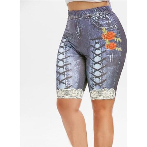 Summer Fake Denim Ladies Short Pants Women Pants Shorts Leggings Summer Floral Printed High Waist Female Cotton Blend Shorts