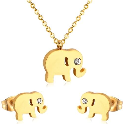 LUXUKISSKIDS Crystal Elephant Jewelry Sets For Women Girls Pendant Necklace Earrings Gold Steel Dubai Wedding Indian Jewelry Set