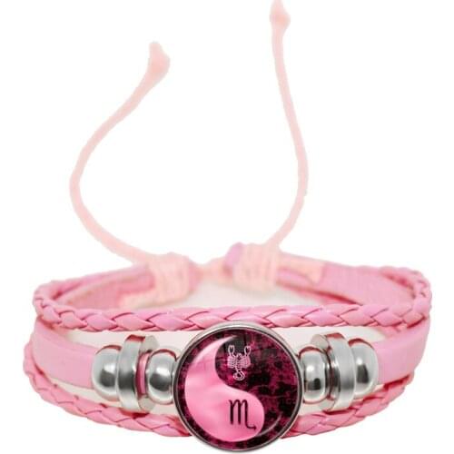 Fashion 12 Zodiac Signs Yin Yang Bracelets Constellation Glass Dome Pink Leather Bangle Women Girls Birthday Gifts Dropshipping