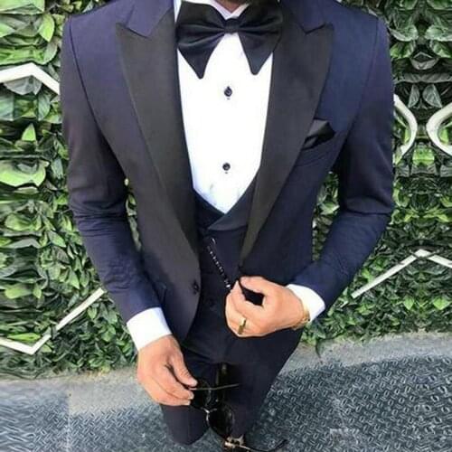 Navy Blue Mens 3 Pieces Wedding Suits Jacket+Pants+Vest Slim Fit Groom Suits Tuxedo Groomsmen Party Suits Wedding Tuxedo for Man