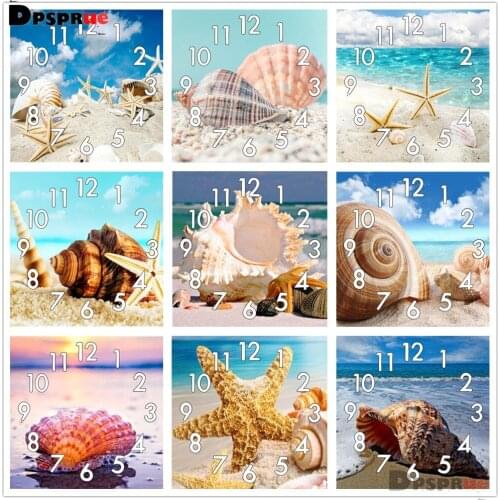 Dpsprue Full Diamond Painting Cross Stitch With Clock Mechanism Mosaic 5D Diy Square Round Beach Shells 3d Embroidery Gift HG012
