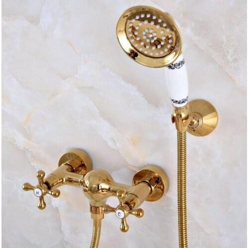 Luxury Polished Gold Color Brass Bathroom Hand Held Shower Head Faucet Set Mixer Tap Dual Cross Handles mna967
