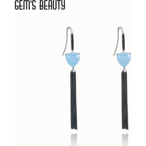 GEMS BEAUTY 925 Sterling Silver Heart Cut Natural Aqua-blue Calcedony Jewelry Stud Earrings 2021 For Women Handmade Earrings