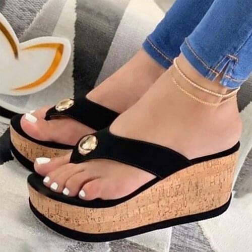 Litthing 2021 Women Slippers Fashion Summer High Heel Slippers Beach Flops Slipper Platform Beach Shoes Sandals Non-slip Feet