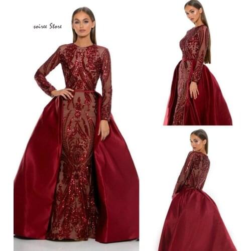 Muslim Evening Dresses With Detachable Train Dubai Long Sleeve Sequin Mermaid Prom Dresses Long Luxury Formal Party Gowns 2020