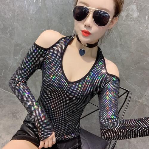 Sexy Loose Off Shoulder Sequin Glitter T Shirts Women Long Sleeve Spring Tees Shirt Streetwear Women Party Tops Drop shipping