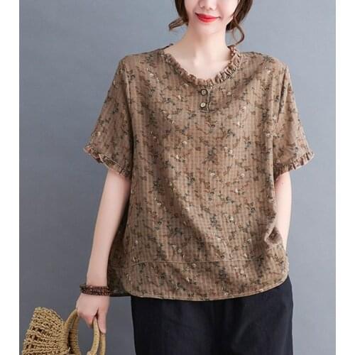 Women Cotton Casual T-shirts New Arrival 2021 Summer Vintage Stand Collar Floral Print Loose Female Short Sleeve Tops Tees S4016