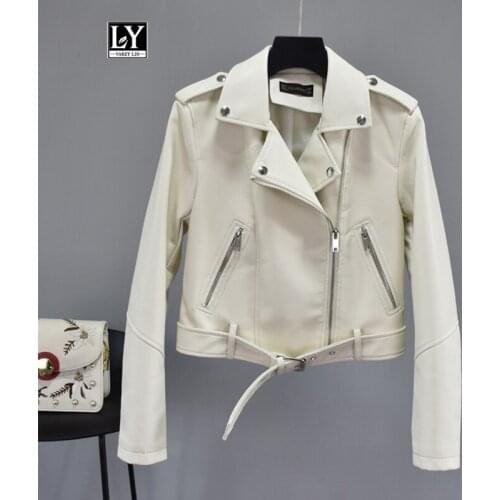 Ly Varey Lin Faux Soft Pu Leather Jacket Women Turndown Collar Motorcycle Zipper Basic Jackets Female Rivet Epaulet Biker Coats