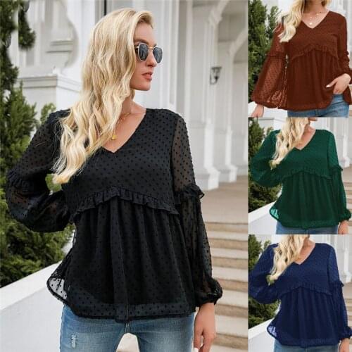 Womens Clothing 2021 Casul Blouse Spring Autumn Solid Color Lace Ruffles V-Neck Long Sleeve Shirts Woman Loose Y2K Tops Bulsas