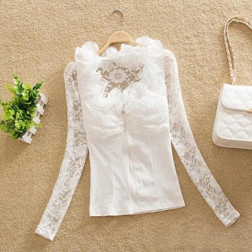 Feitong Women Flowers Lace Long Sleeve Tops Elegant Vintage Spring V Neck Hollow Peplum Blouse Camisas Femininas Autumn dress