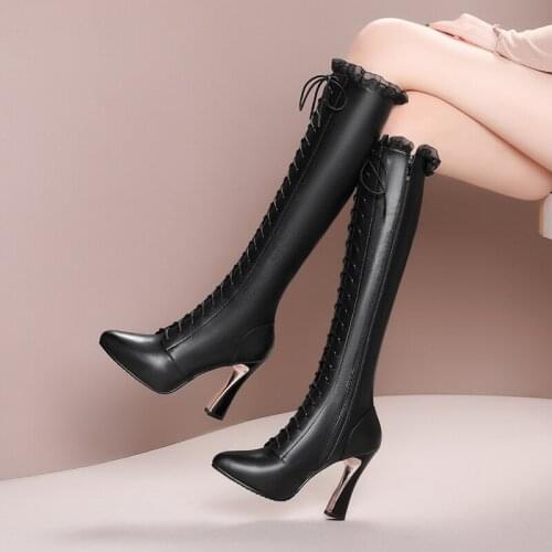 Plus Size Women Shoes Winter Warm High Heeled Knee High Boots New Fashion Genuine Leather Night Club Shoes Woman