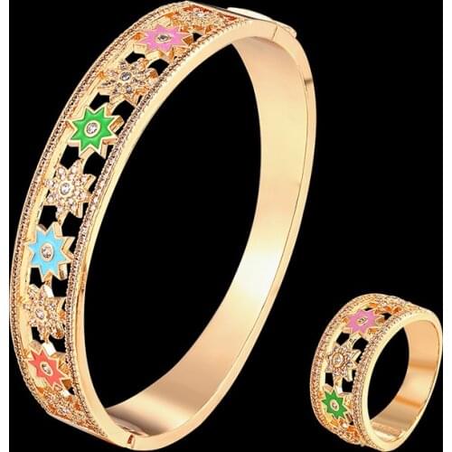 Simple Bangle and rings womens jewelry sets micro-inlaid zircons eight-pointed stars in different colors fashion jewelry