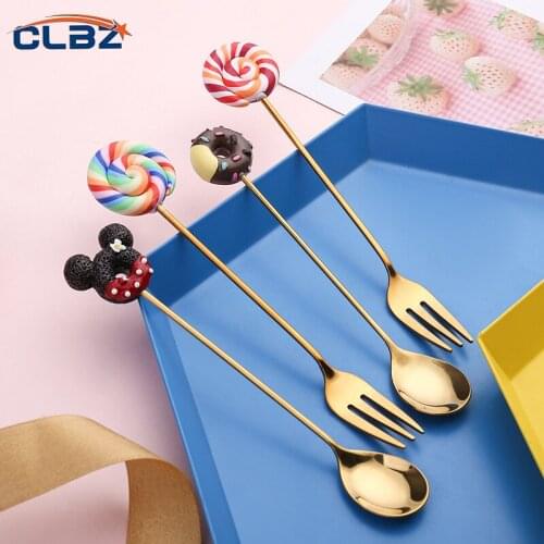 Stainless Steel Gold Spoon Fork Mickey Doughnut Cute Style Cake Coffee Dessert Tea Tableware Stirring Spoon Child Kitchen Utensi