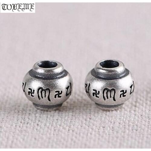 100% 925 Silver Tibetan Six Words Beads 925 Sterling Buddhist OM Mantra Loose Beads DIY Bracelet Beads Jewelry Accessories