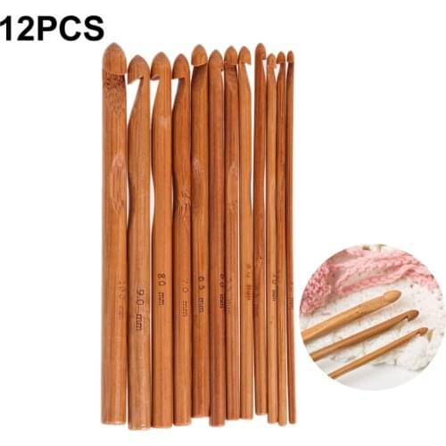 12Pcs Bamboo Crochet Hooks Knit Weave Yarn Craft Knitting Needle Wooden Crochet Hook Knitting Tools Accesories